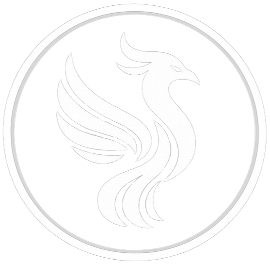 A stylized white phoenix with outstretched wings inside a gray circle on a black background.
