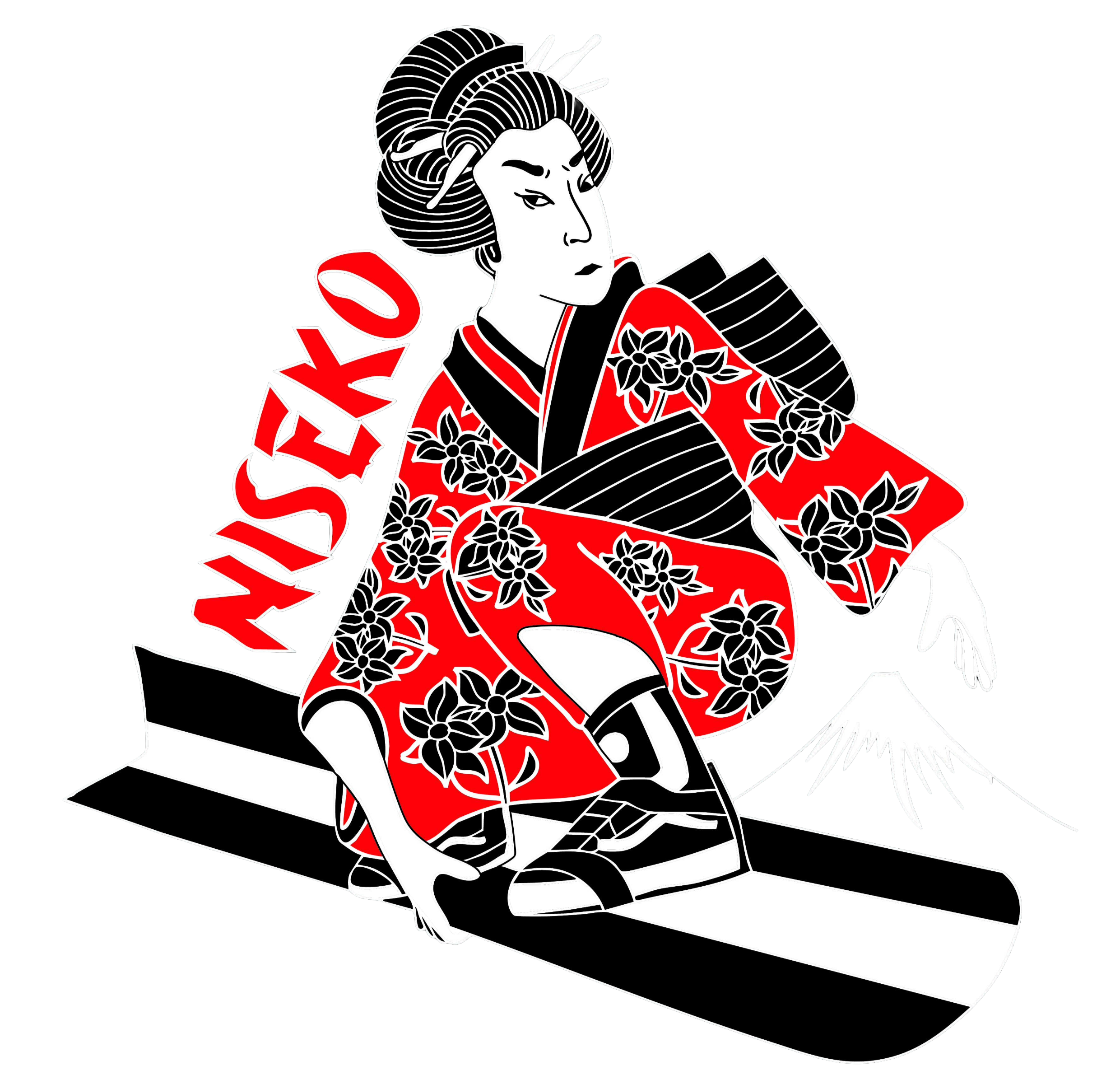 An illustration of a woman in traditional Japanese attire with floral patterns, holding a fan, and stylized text in red.
