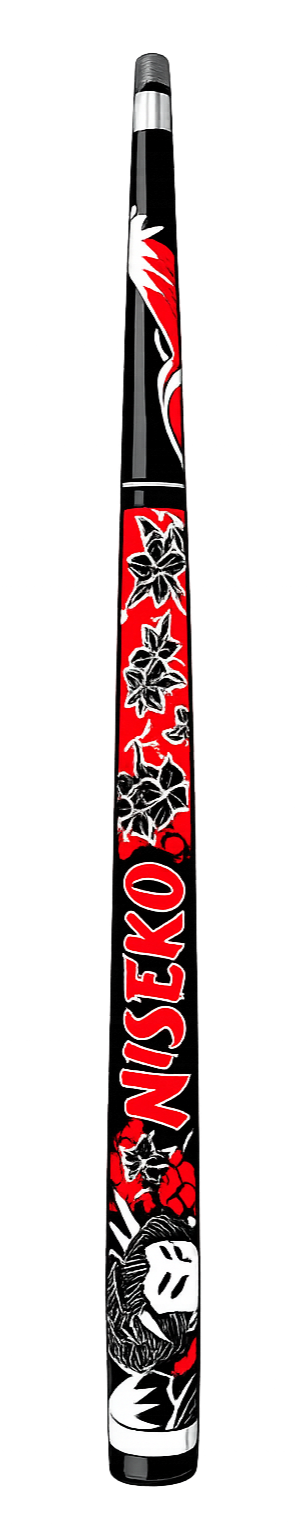 A pool stick with a red, black, and white design featuring maple leaves, the name 'NISEKO,' and a person wearing a face mask.