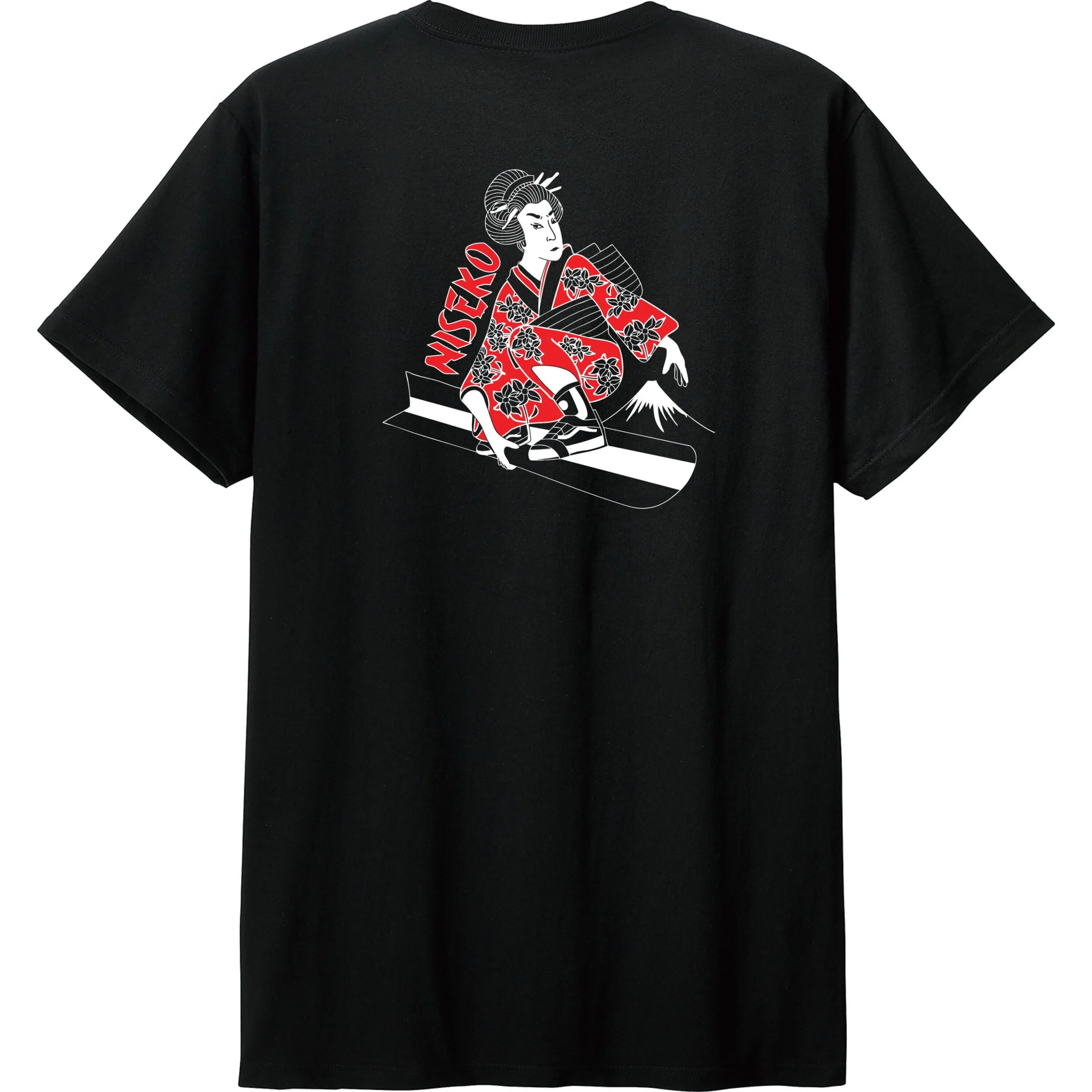 Black T-shirt with a graphic of a Geisha dressed in red and black kimono, sitting and facing to the right, with the word "NISEKO" written vertically next to her.