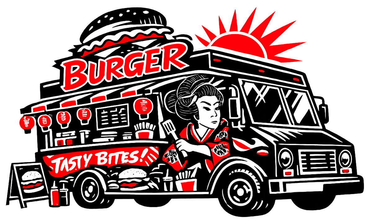 A stylized illustration of a food truck with a Japanese woman in traditional attire holding a spatula. The truck has a red sun and rays in the background, with banners and signs promoting burgers and tasty bites.