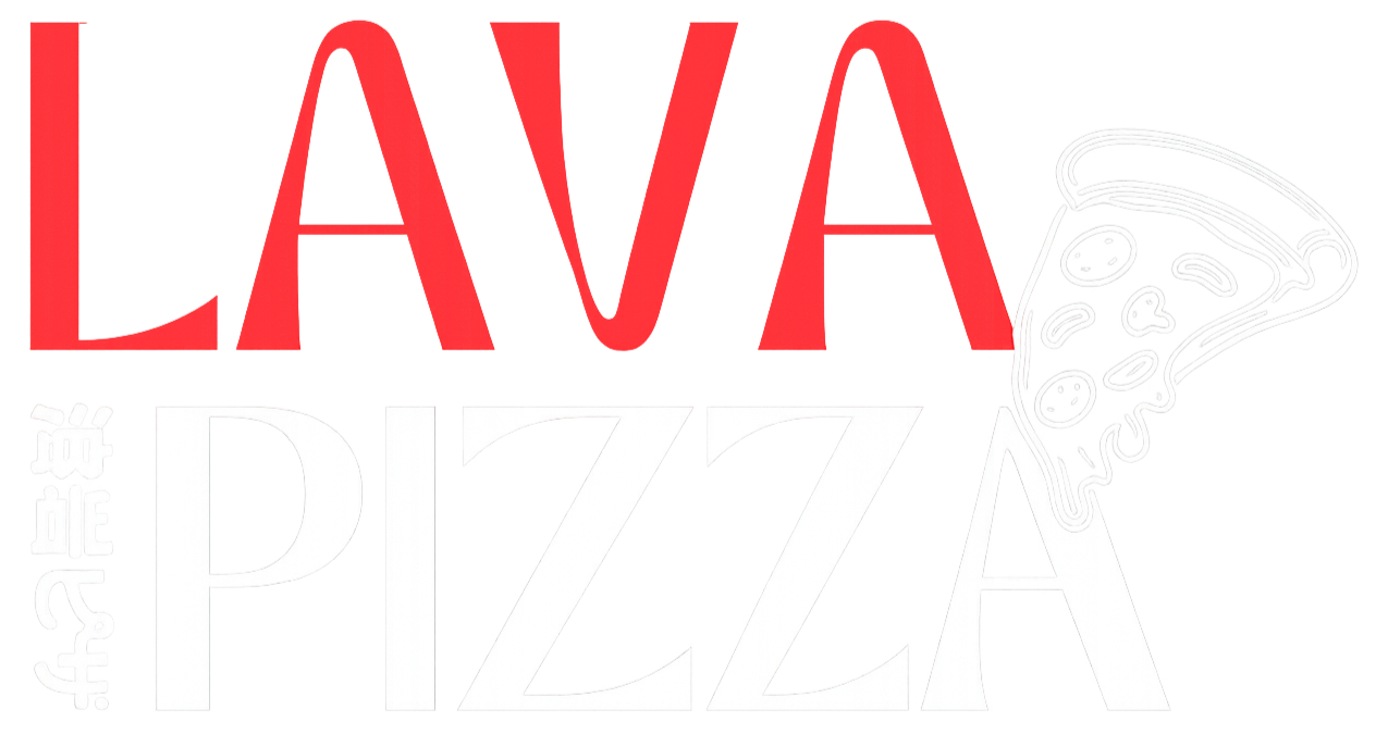 The image features a neon-style sign that says 'LAVA' in red letters above 'PIZZA' in white letters. To the right of the text, there is an outline of a pizza slice with toppings, also in white.