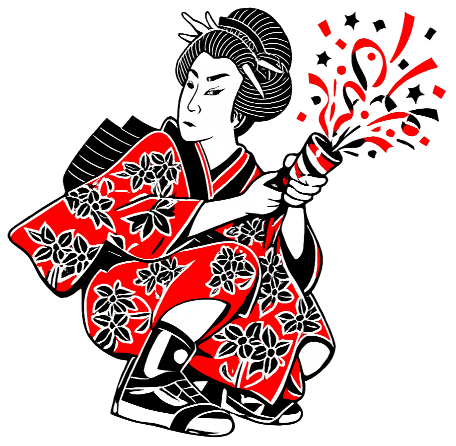 A stylized illustration of a woman dressed in a traditional Japanese kimono with floral patterns, holding a sparkler emitting red and black sparks.