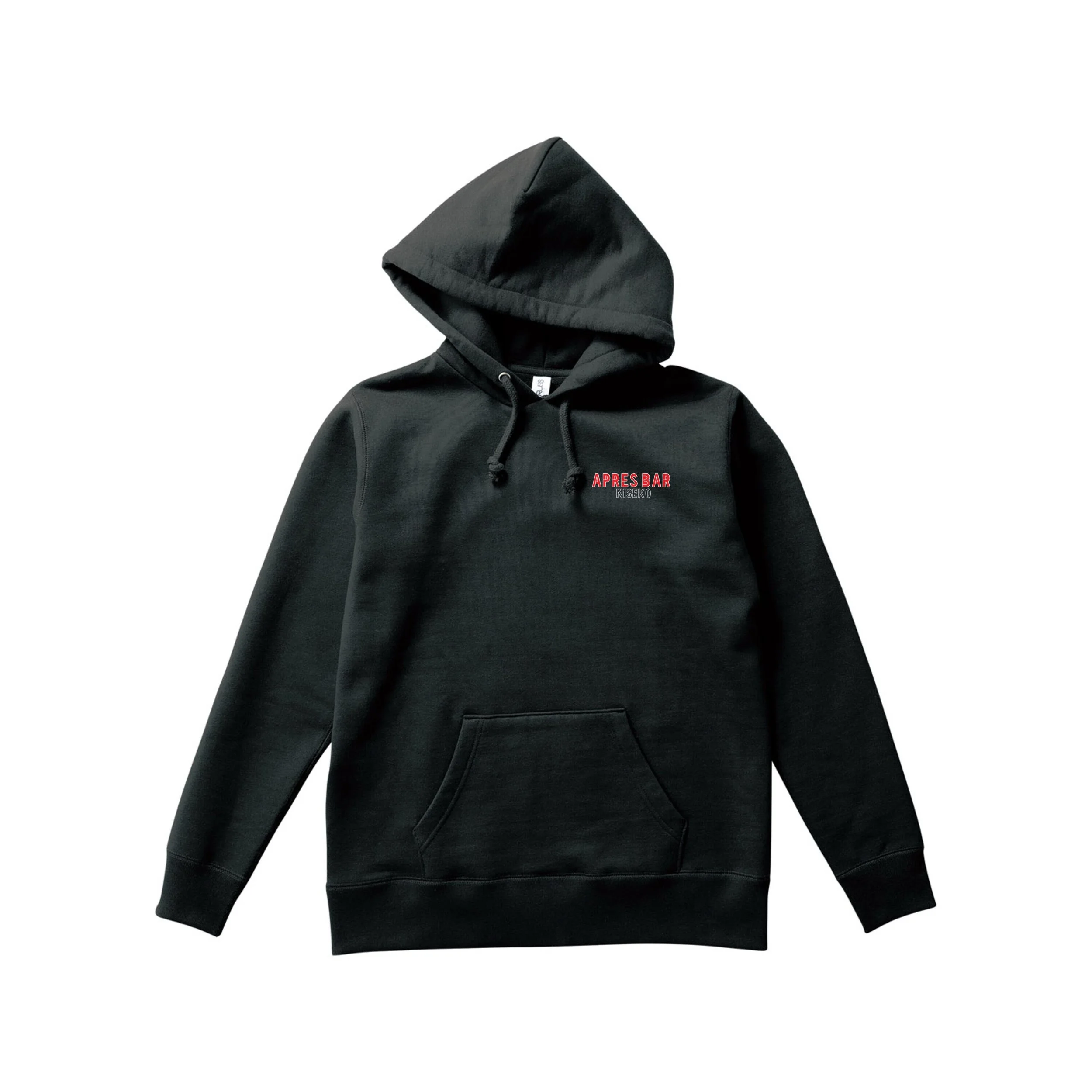 Black hoodie with red embroidered text on the chest that says 'APRES BAR NISEKO'.