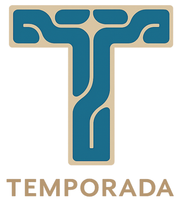 Logo of Temporada featuring a stylized letter T composed of blue pipes or pathways with the word 'Temporada' underneath in beige letters.