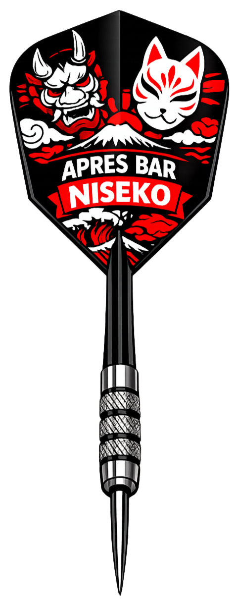 Dart featuring a devil's face, a cat's face, Japanese mountain, and the text "APRES BAR NISEKO" in white and red.