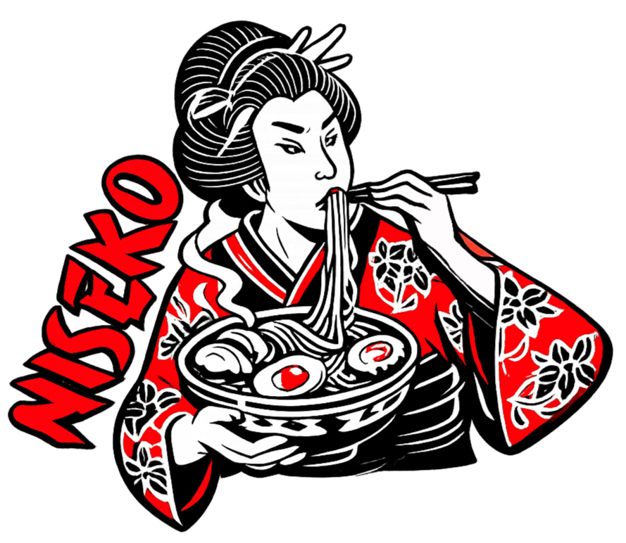 A stylized illustration of a woman in traditional Japanese attire eating ramen noodles with chopsticks, with the word 'NOODLE' written in red beside her.
