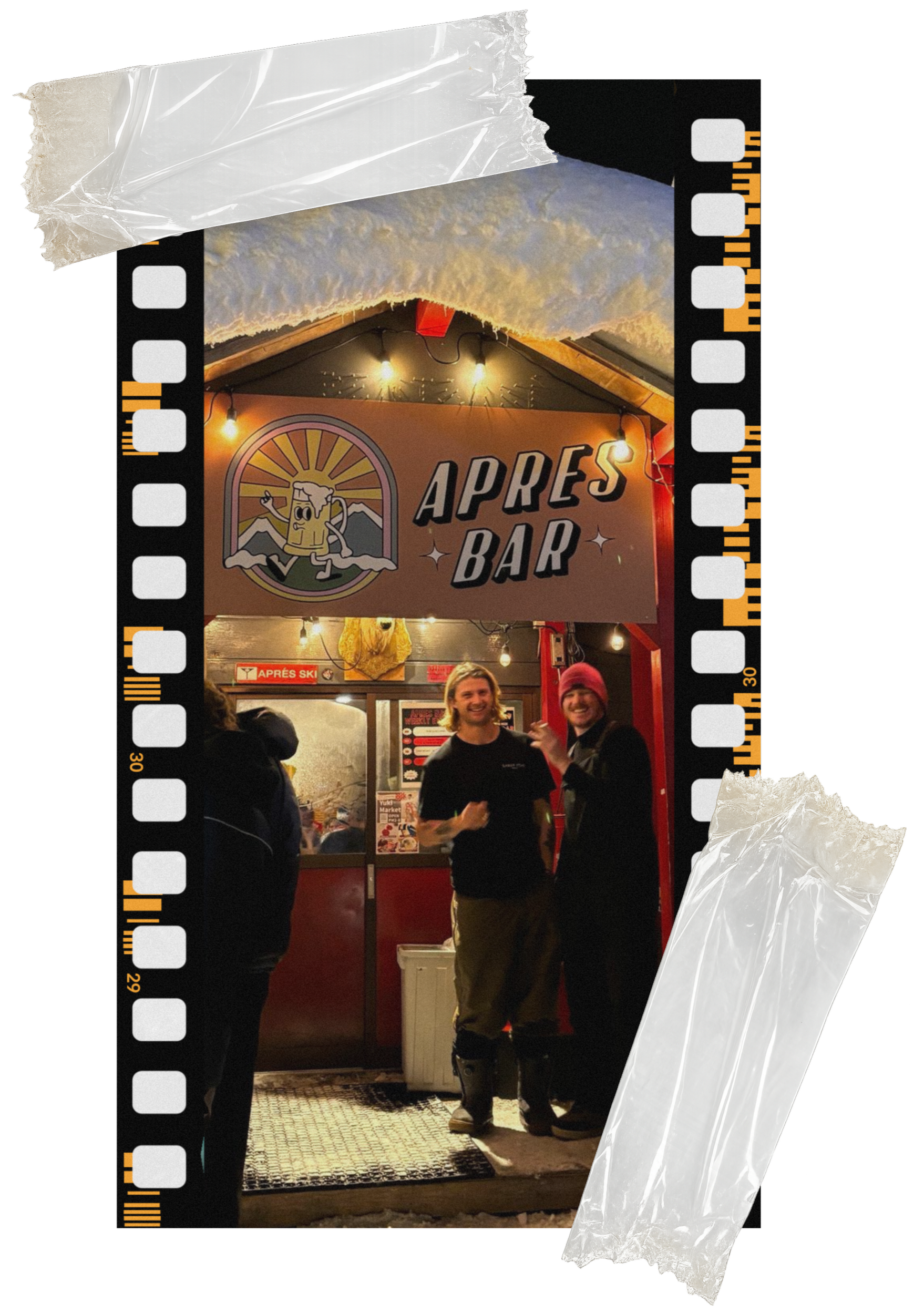 People standing outside a bar named 'Après Bar' at night, with a sign featuring a cartoon beer character with mountain and sunset background, and string lights decorating the entrance.