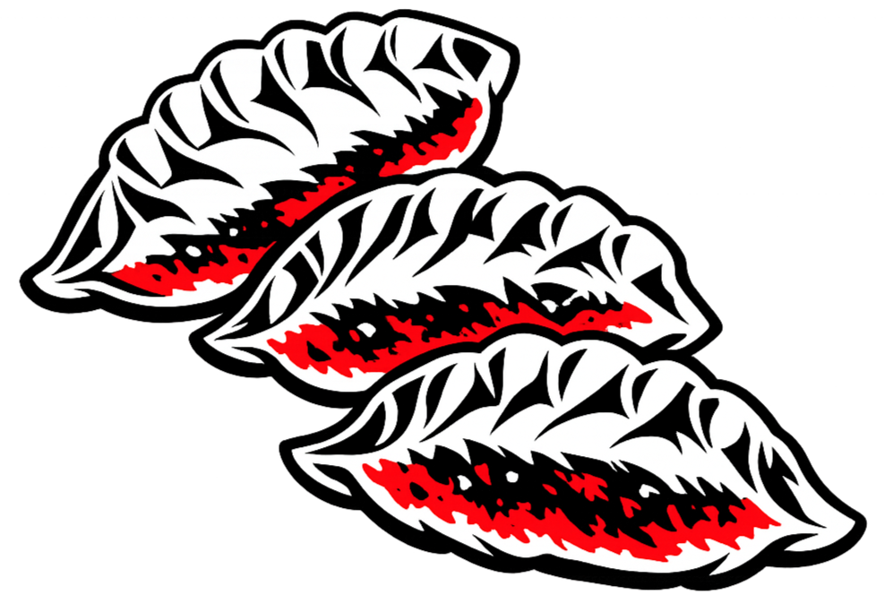 Illustration of three stylized food with black, white, and red coloring, arranged in a diagonal line.
