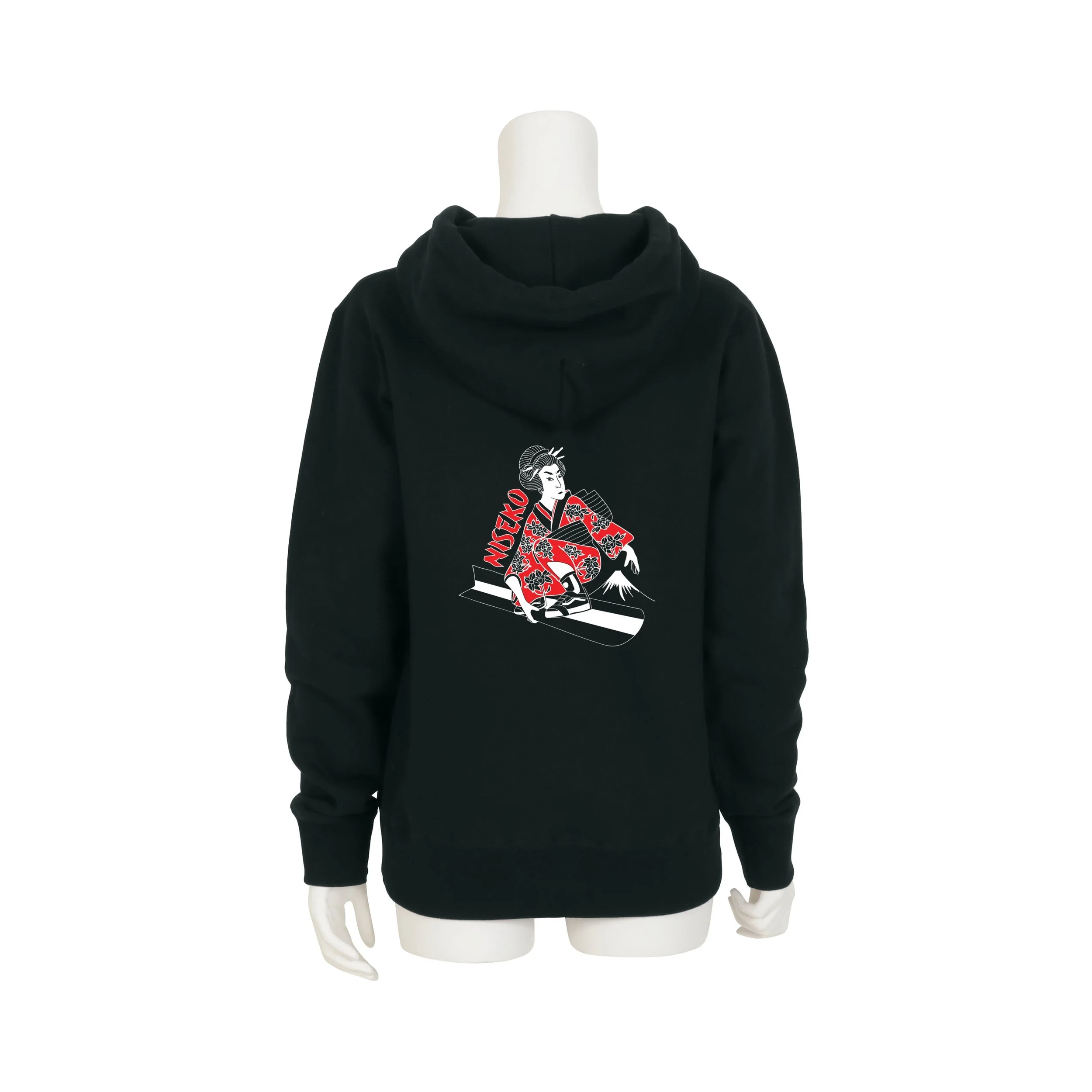 Black hoodie with a graphic illustration of a geisha and text on the back, displayed on a white mannequin.