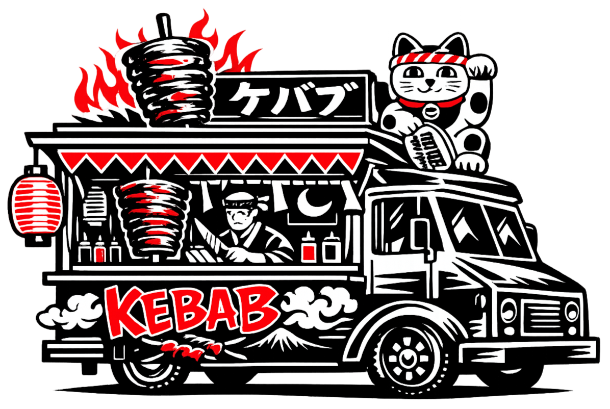 Black and white food truck with red accents, featuring a large Maneki-neko (beckoning cat) on top holding a sign, a large skewer of food with flames, Japanese lantern, and the word 'KEBAB' in bold red letters.