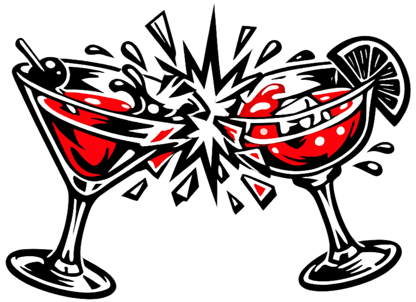 Two stylized cocktails in martini glasses with red liquid and lemon slices, splashing.
