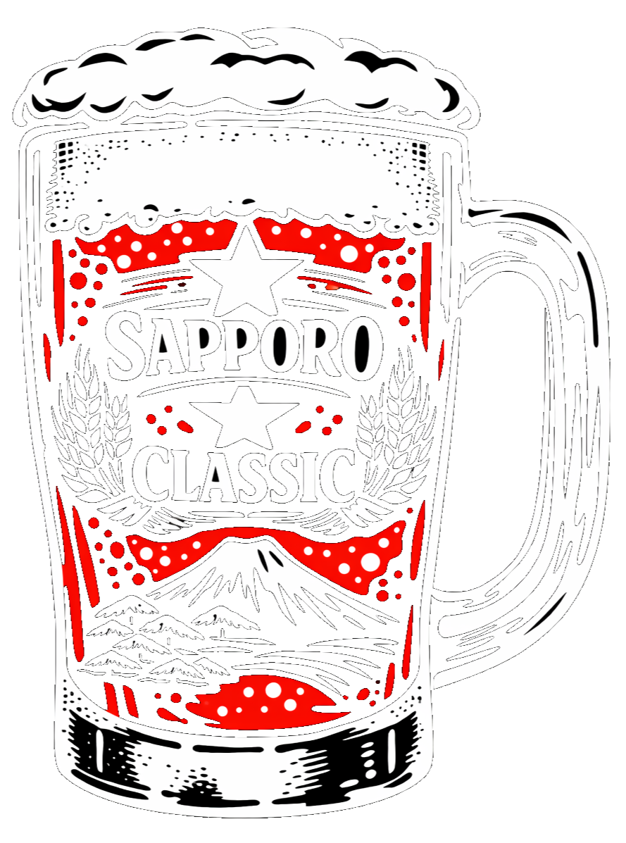 A stylized illustration of a beer mug with foam, featuring the Sapporo Classic logo, with Mount Fuji and snow-capped mountains in the background.