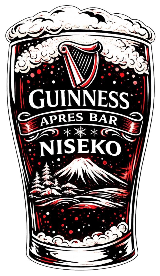 A stylized illustration of a Guinness beer glass with foam at the top, featuring a red and black color scheme. The glass displays the Guinness logo, the words 'APRES BAR' on a red banner, and a scenic depiction of a snow-capped mountain and pine trees.