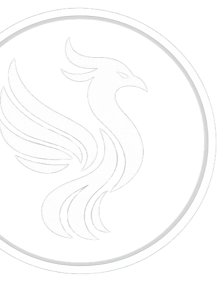 White stylized phoenix with wings inside a circular border, on a black background.