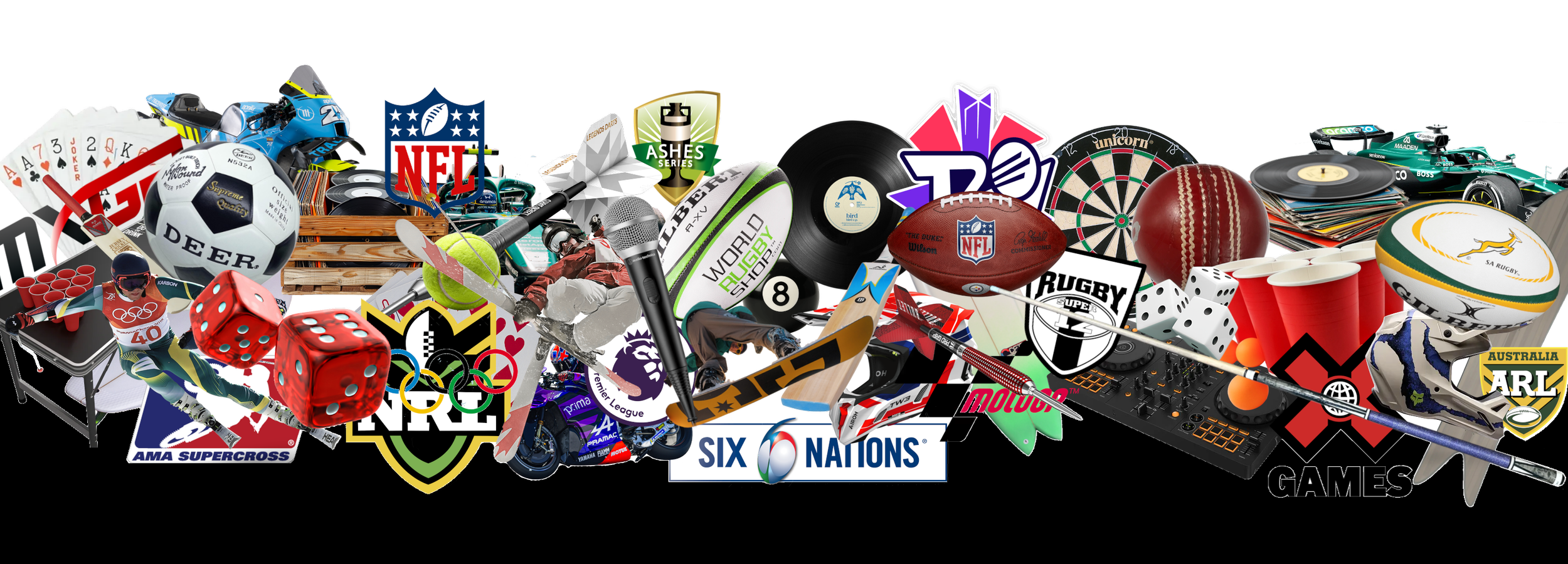 Collage of various sports and entertainment items, including racing cars, rugby balls, tennis rackets, microphones, dice, a DJ mixer, a skateboard, a dartboard, baseball, football, soccer ball, Olympic rings, poker chips, and sports team logos.