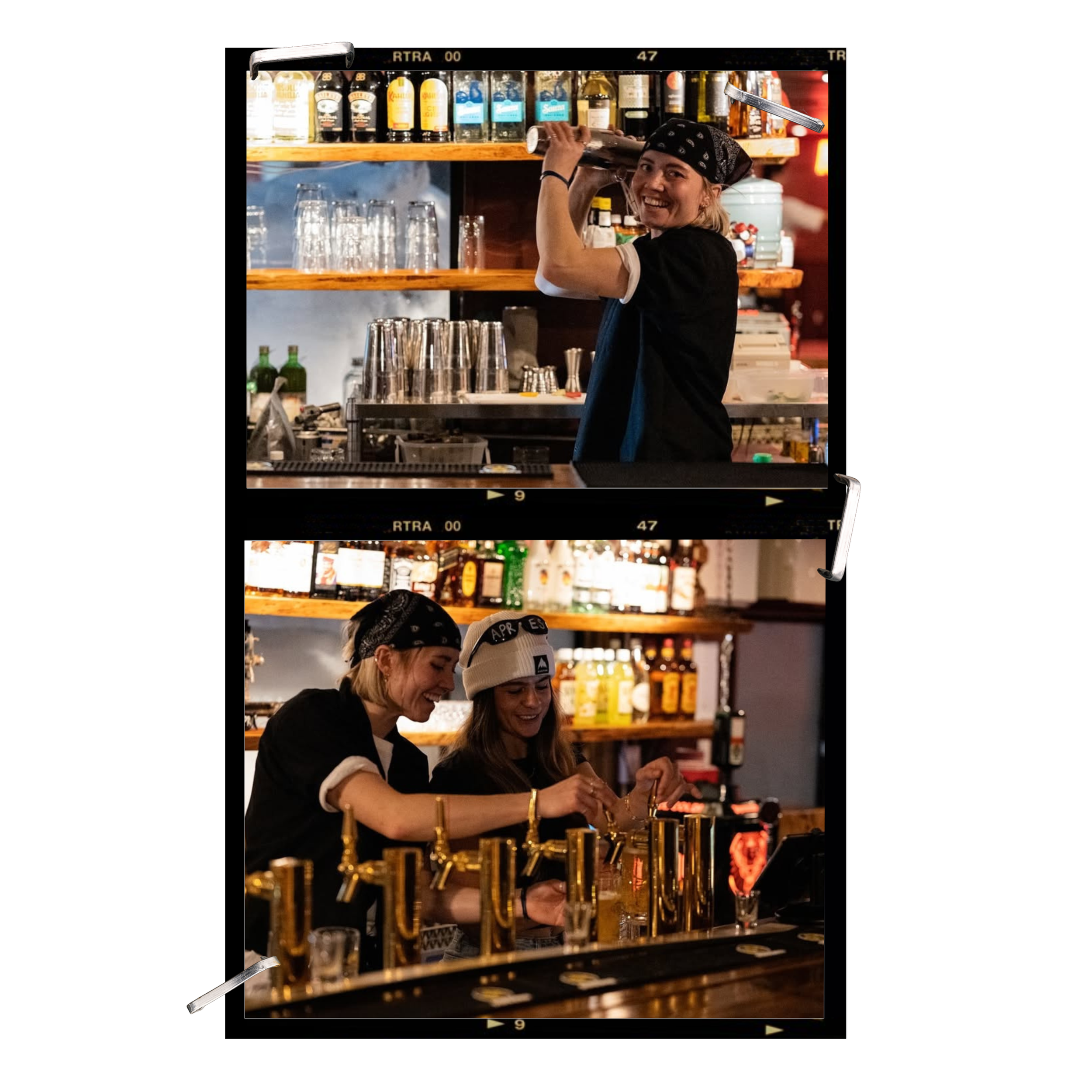 A smiling woman with a bandana on her head, pouring a drink or mixing ingredients behind a bar with various bottles and glasses, while two women look on happily, in a lively bar or restaurant setting.