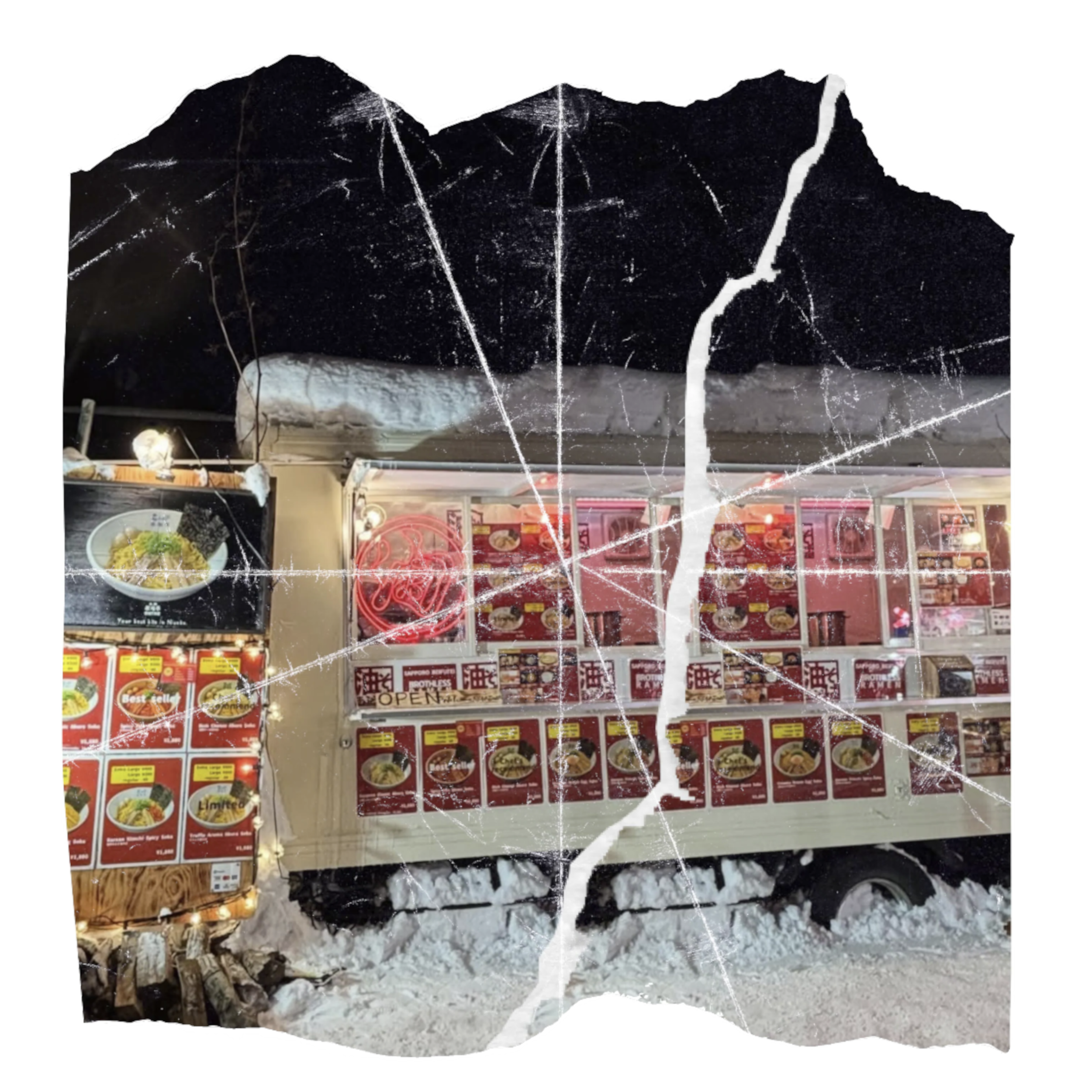 Broken glass with gold and red packaging behind it, showing a menu or advertisement for food products with pictures and prices.