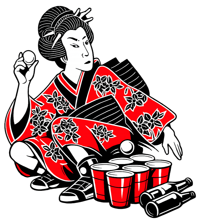 A drawing of a woman in traditional Japanese attire with a floral kimono, posing with red cups and binoculars.