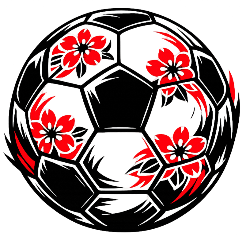 A stylized soccer ball decorated with red cherry blossom flowers and black and white panels.