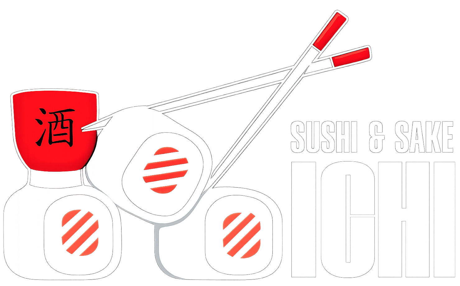 Stylized illustration of a pair of sushi rolls, a sake cup with a Japanese character, and chopsticks. Text reads 'SUSHI & SAKE' and 'OH!'. The design uses red, white, and black colors.