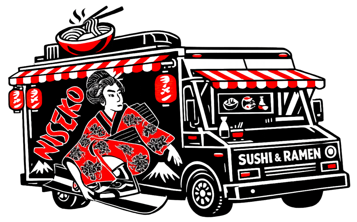 A food truck decorated with Japanese theme elements, featuring a woman in traditional kimono, ramen bowl on the roof, and signs that read "Sushi & Ramen" and "Nishiko".
