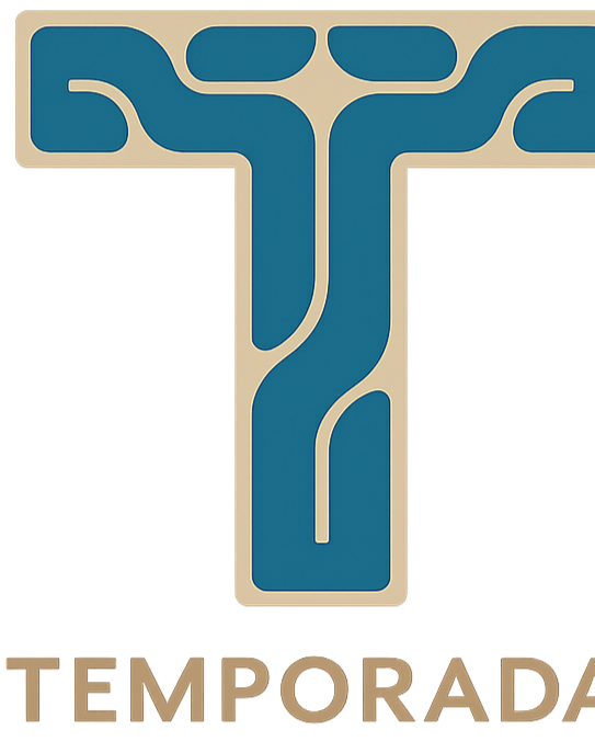 A stylized blue letter 'T' with rounded edges on a beige background.