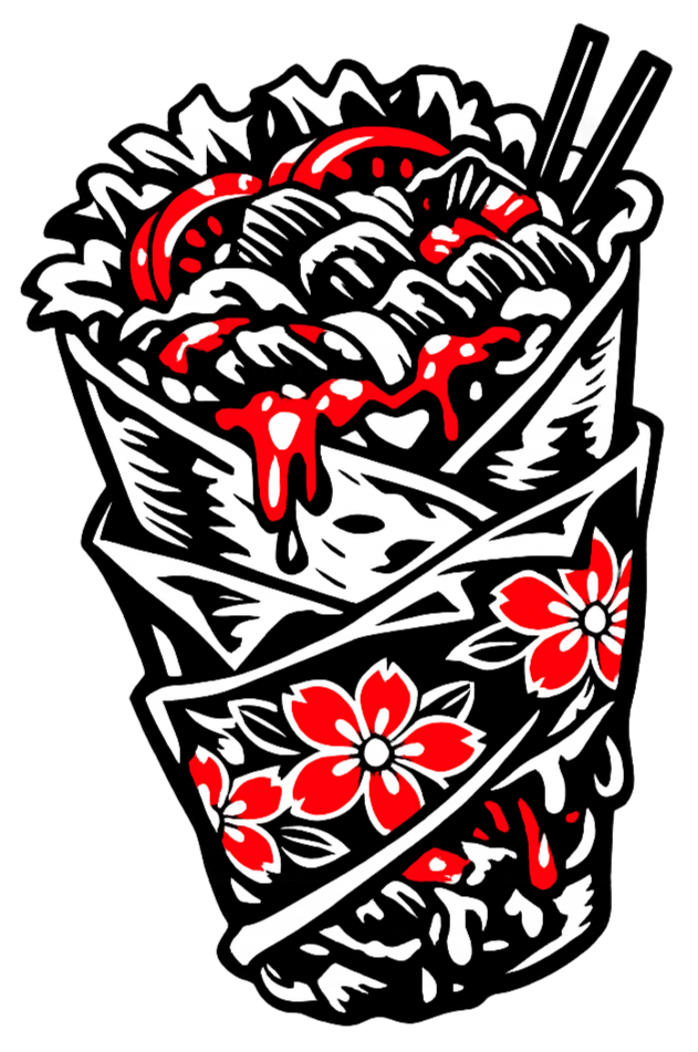 Illustration of a kebab tomatoes and toppings, decorated with a floral pattern.