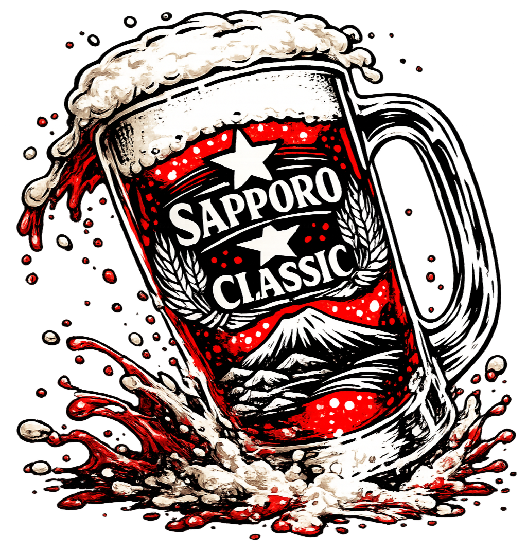 Illustration of a beer mug overflowing with foam, with red and white colors, and the label 'Sapporo Classic' on the front, surrounded by splashes of beer.