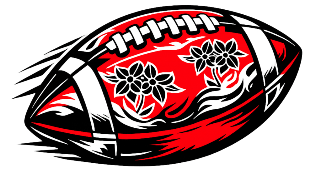A stylized American football with black, white, and red colors, decorated with floral patterns.