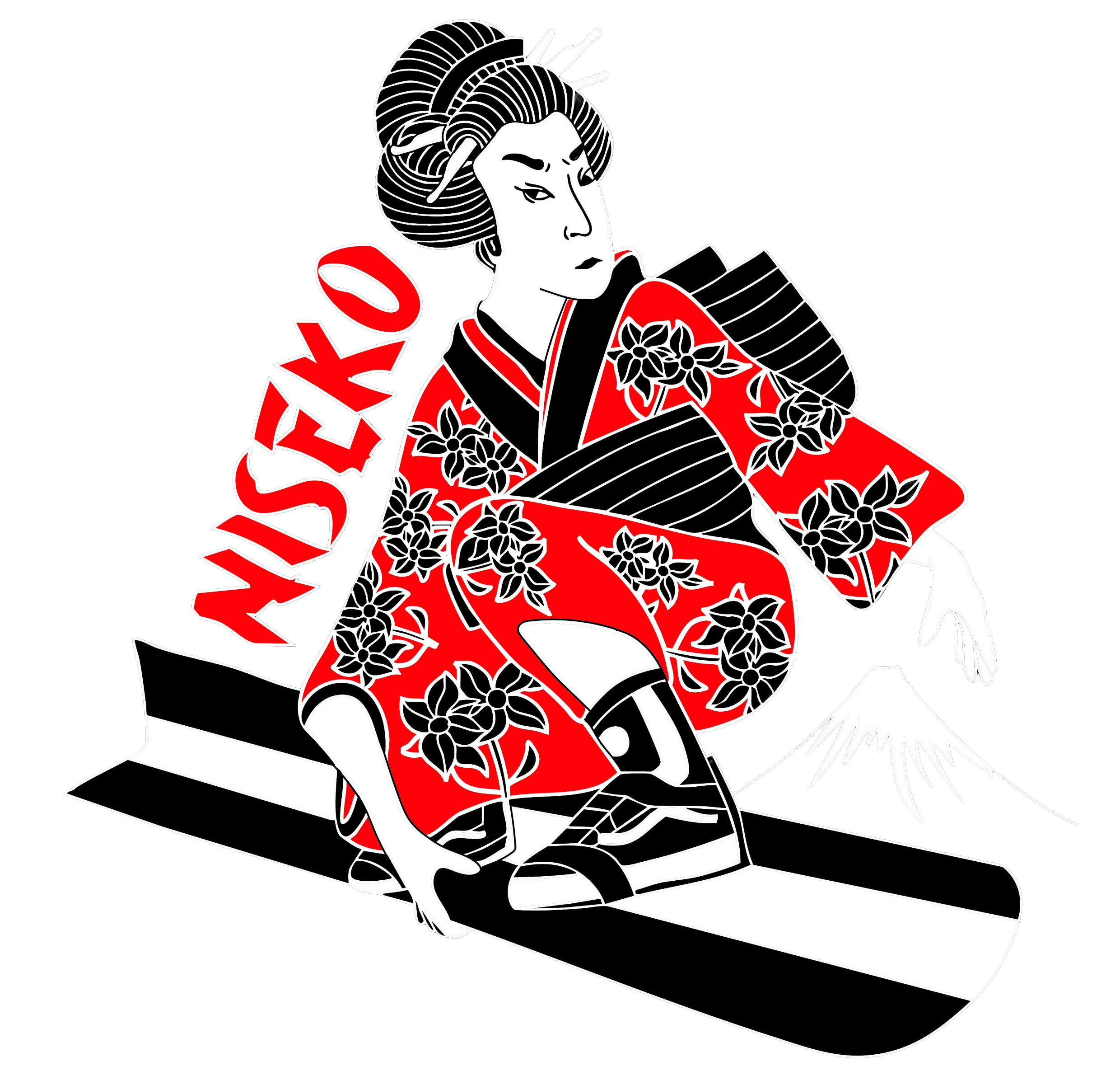Stylized illustration of a woman with traditional Japanese hairstyle and makeup, wearing a red kimono with floral patterns, sitting on her knees with a parasol nearby, with bold white outlines on a black background.