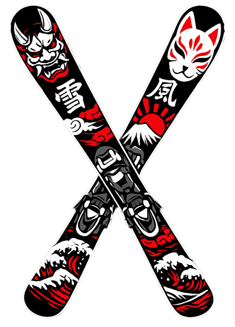Two skis crossed, each featuring Japanese-style art; one with a demon mask and clouds, the other with a fox mask and a sun, with waves at the bottom.