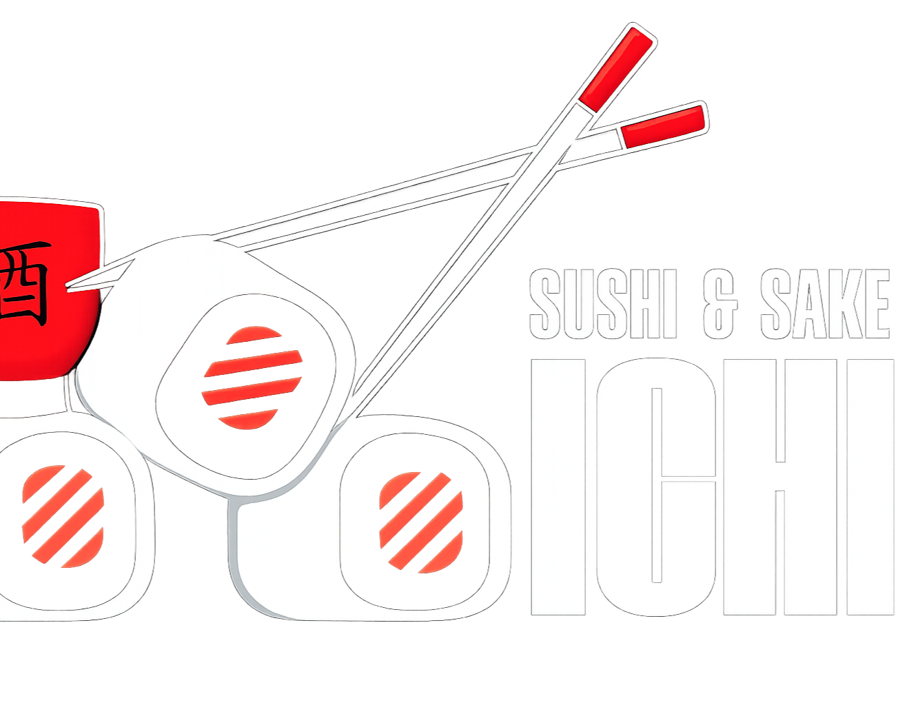 A graphic with sushi rolls, a red sake bottle with Japanese characters, and chopsticks. Text reads "SUSHI & SAKE HOI" indicating a Japanese restaurant or event.
