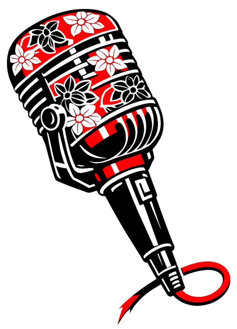 Illustration of a vintage-style microphone with a floral pattern in red, black, and white colors.