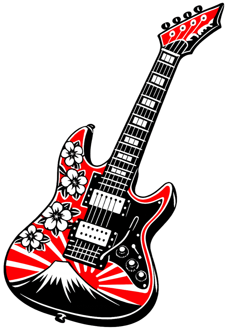 Electric guitar with a red, black, and white color scheme. The body features cherry blossom flowers and a mountain design, with a sunburst pattern in the background.