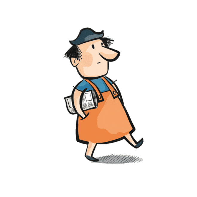 Zeichnung eines Mannes mit blauer Kappe, blauer Hemd, orange Latzhose und einem Rucksack, der eine Zeitschrift in der Hand hält, geht lächelnd.