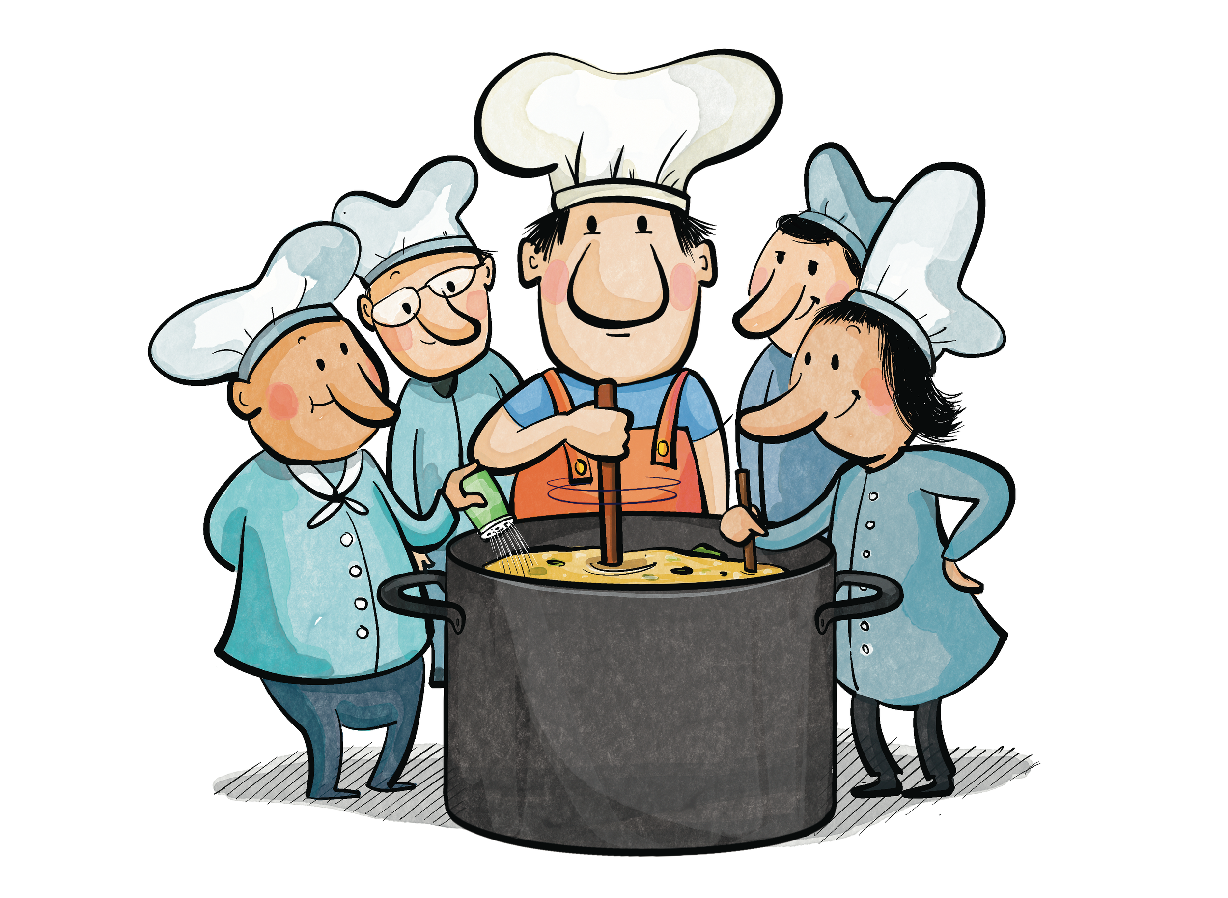 Cartoon von fünf Köchen, die zusammen in einem großen Topf kochen, alle tragen Kochmützen, einige mit Kochlöffeln, ein Koch fügt Salz hinzu, lachen und haben Spaß.
