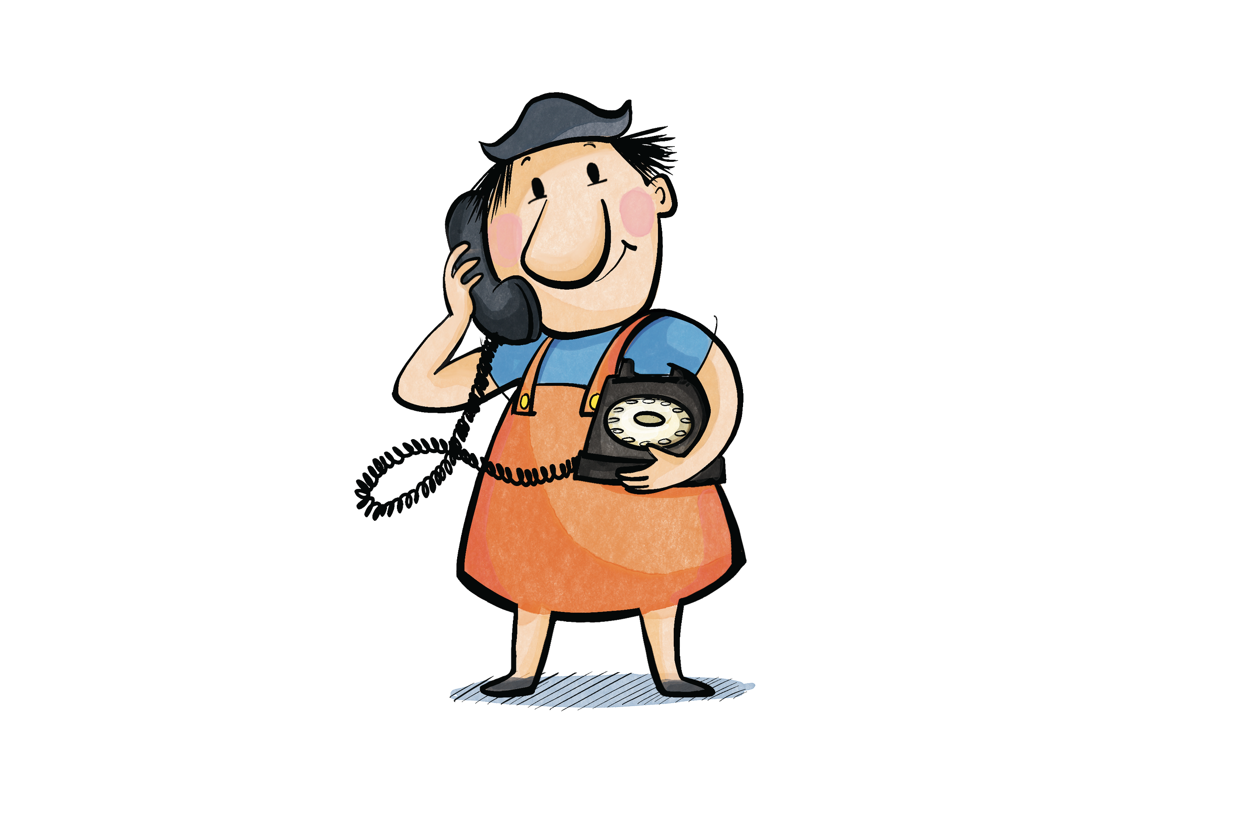 Cartoonfigur eines Mannes in Badehose und T-Shirt, der mit einem alten Telefon spricht.