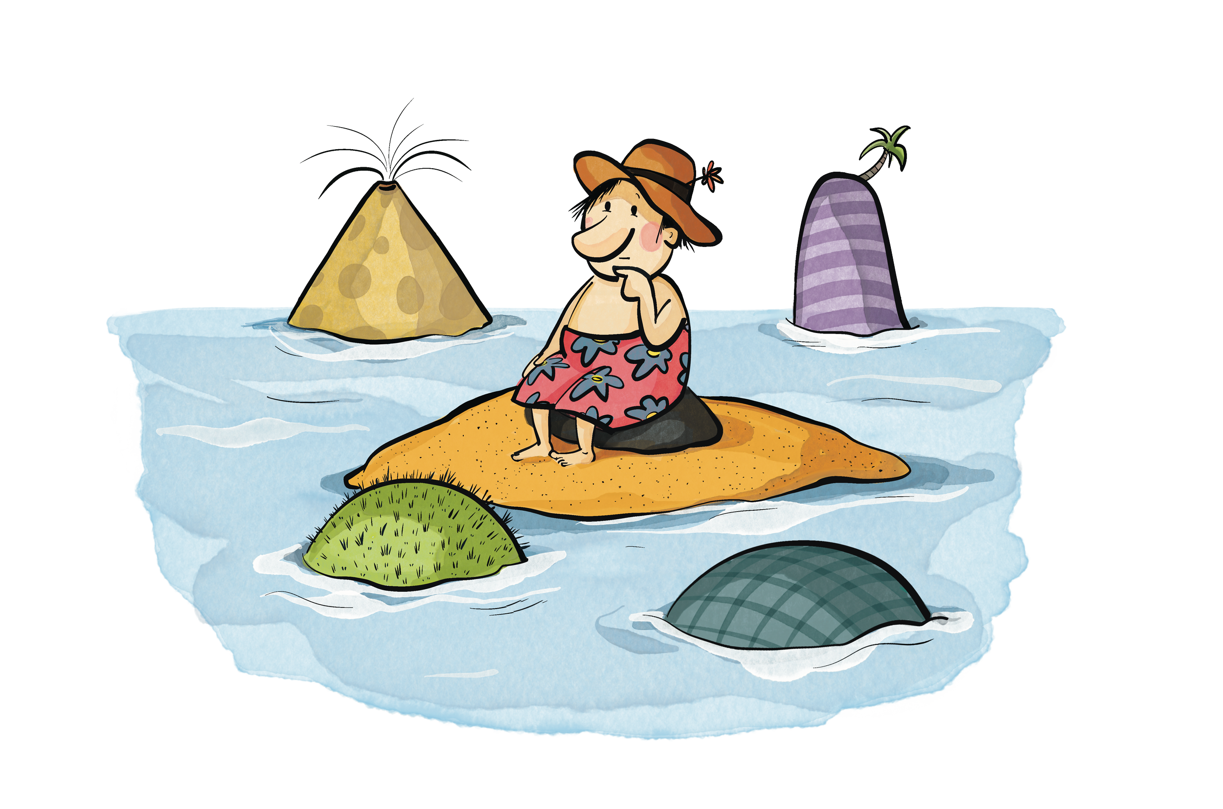 Ein Cartoon-Männchen sitzt auf einem Lagerfeuer auf einer Sandinsel im Wasser, umgeben von Felsen und kleinen Inseln, mit zwei bunten Boote im Wasser.