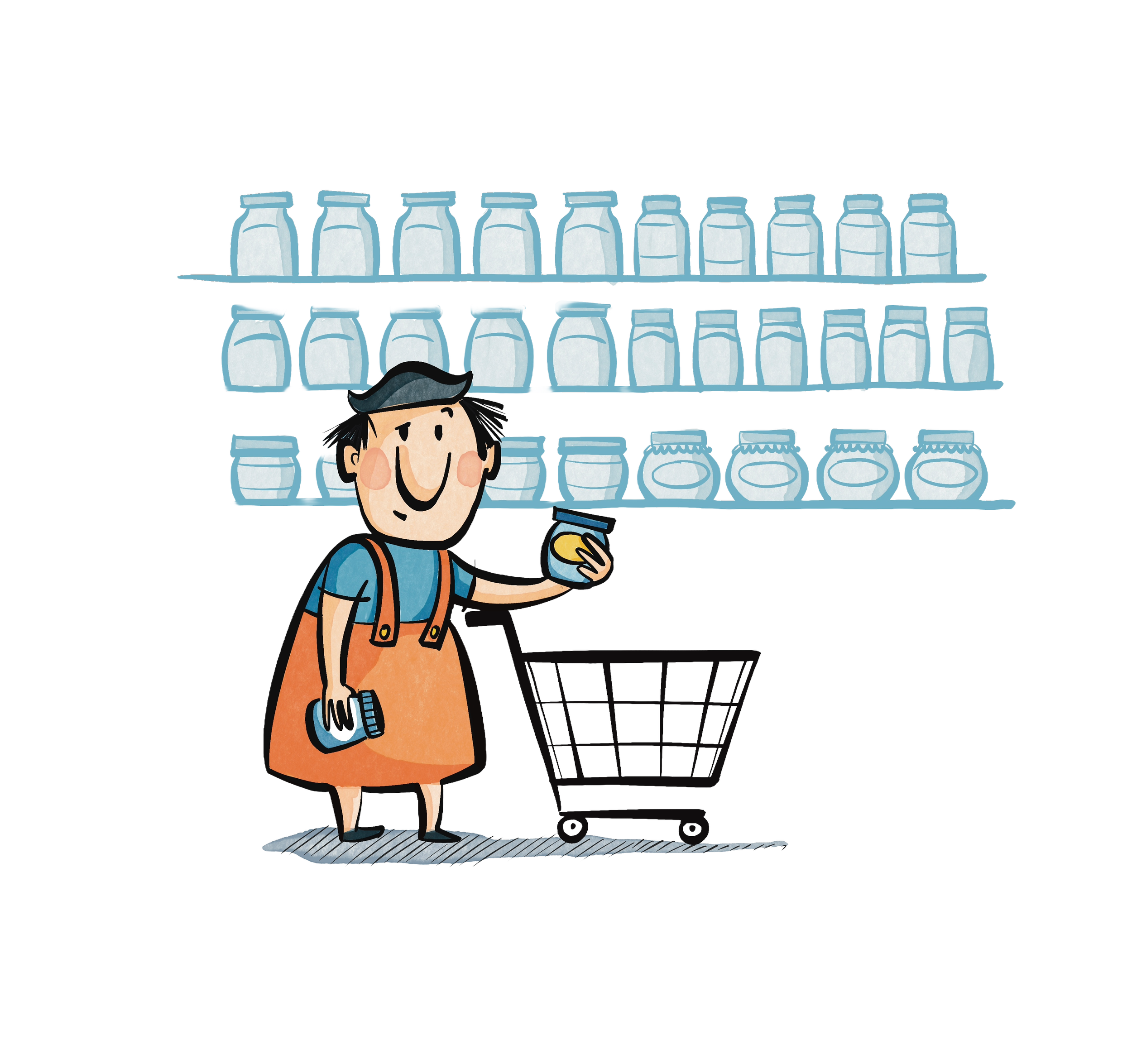 Eine Cartoon-Zeichnung einer Frau, die in einem Supermarktregal Milchprodukte auswählt, während sie einen Einkaufswagen neben sich hat.
