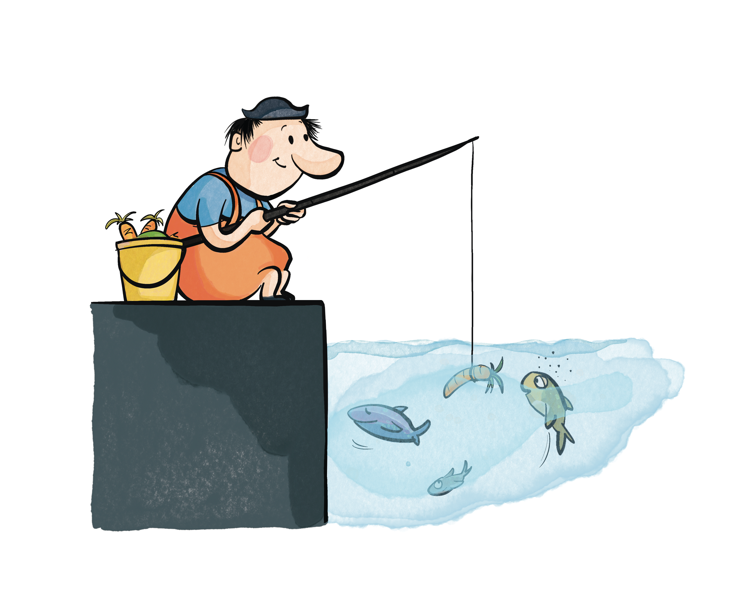 Ein Comic-Männchen sitzt am Rand eines Flusses und fischt mit einer Angel. Es trägt eine blaue Jacke, eine orange Weste und eine Mütze. Neben ihm steht ein Korb mit Karotten.