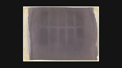 Talbot 1835: paper negative of Lacock Abbey's oriel window, tonally reversed – first reproducible photographic negative