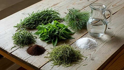 Fresh herbs, coffee grounds, salt and water arranged on a wooden table — the plant-based ingredients used in SEETHINK Lab's Sustainable Photography practice.