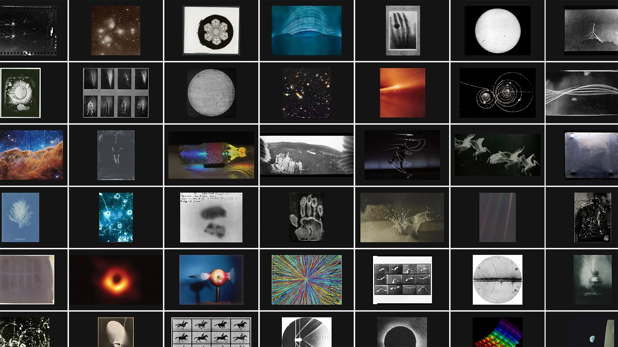 A montage of historical photographs from the Zero Baseline collection — from Niépce's first heliograph in 1827 to images made today.