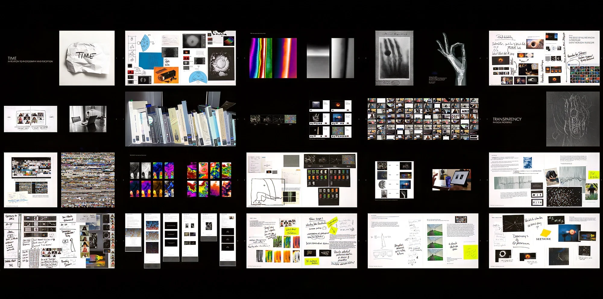 A mosaic of research notes, sketches, and reference images — years of work developing the SEETHINK Method.