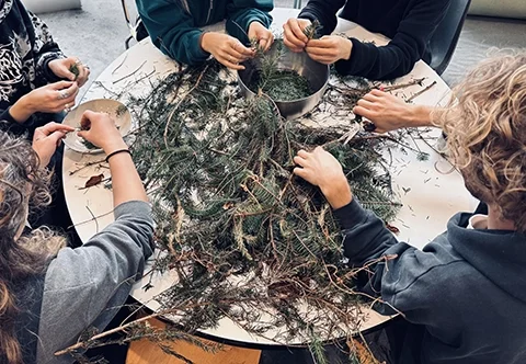 Workshop participants gathered around a table, picking pine needles to make plant-based developer — local sourcing in practice.