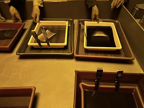 Workshop hands at a darkroom counter, multiple developing trays in use — plant-based developers in practice.