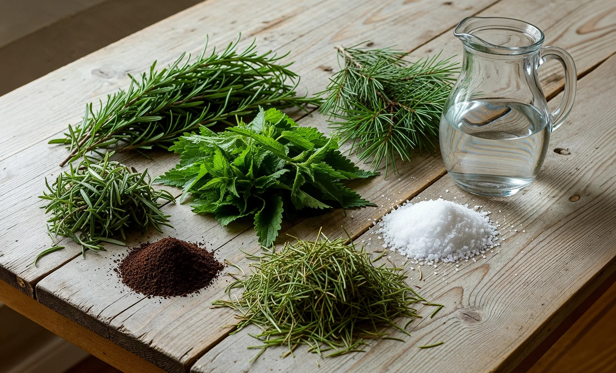 Fresh herbs, coffee grounds, salt and water arranged on a wooden table — the plant-based ingredients used in SEETHINK Lab's Sustainable Photography practice.
