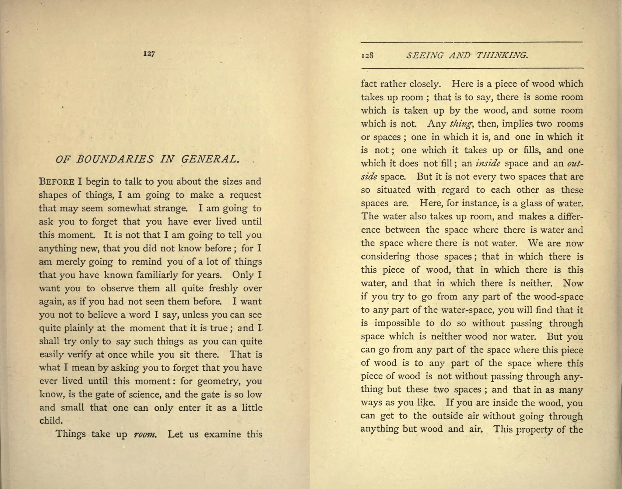 Pages 127-128 of W. K. Clifford's "Seeing and Thinking" (Macmillan, 1890): the opening of "Of Boundaries in General" — asking the reader to forget they had ever lived until this moment.