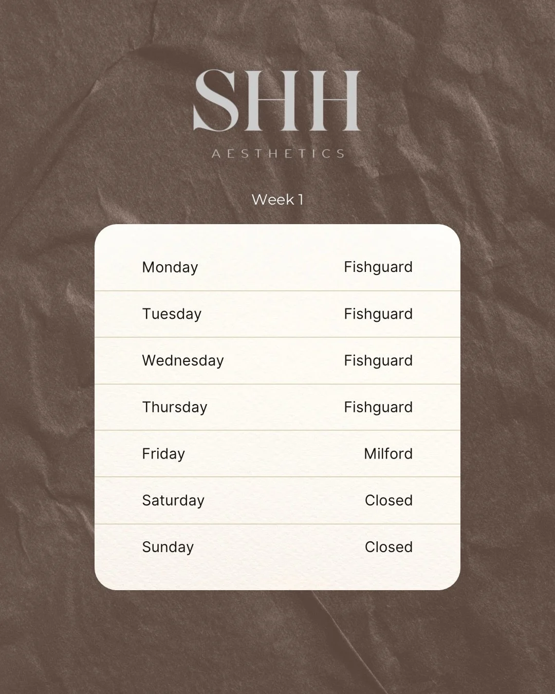 New chapter for SHH 🤎✨

From 2nd March I&rsquo;ll officially be working from our salon in Fishguard 🥹🤍 @_caryseleri.nails 

I&rsquo;ll also be available at my other locations on selected days, swipe to see Week 1 &amp; Week 2 ➝

So excited for thi